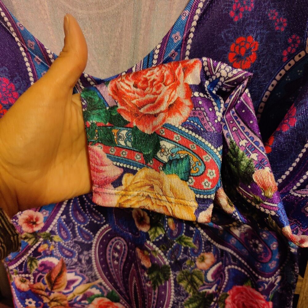 Dudalina Women's Tunic Blouse Stretch 70s Style Roses Shimmer 3/4 Sleeve M/L - Picture 9 of 10